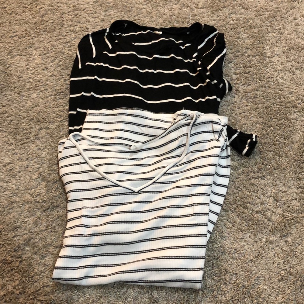Two black and white striped maternity tops